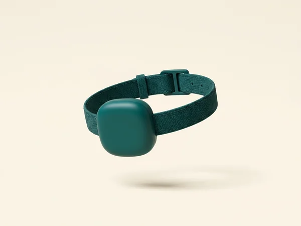 Teal GPS-tracker aan een donkergroene halsband