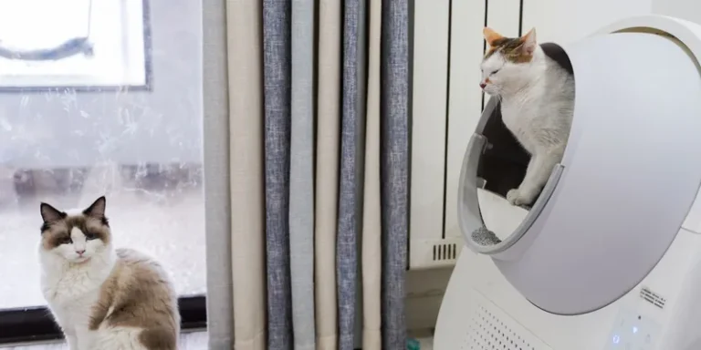 Kat zit in een witte zelfreinigende automatische kattenbak, tweede kat kijkt toe