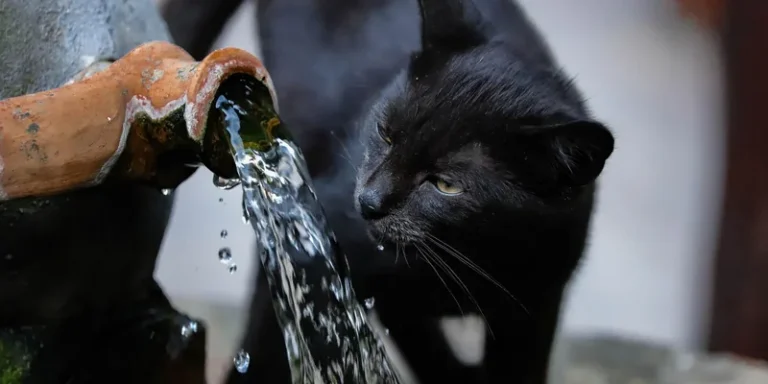 Zwarte kat drinkt van een waterstraal uit een terracotta fontein