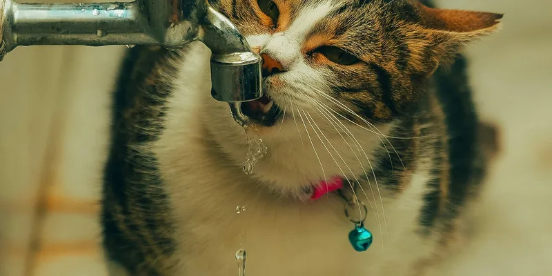 Kat met roze halsbandje drinkt druppelend water uit een kraan