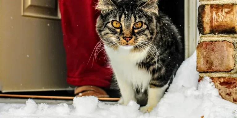 Kat stapt bij de voordeur de sneeuw in