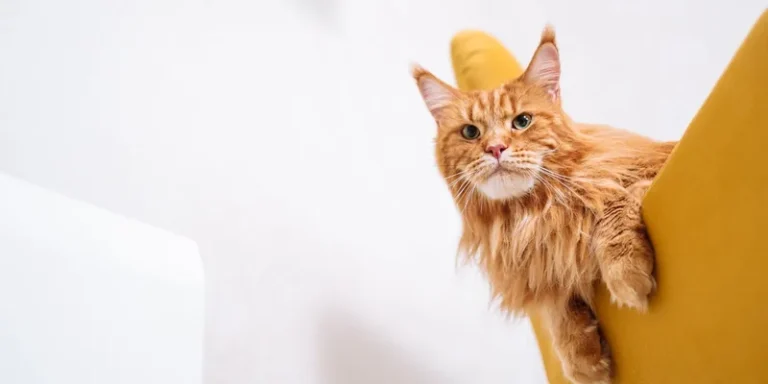 Grote rode Maine Coon hangt over de rand van een okergele fauteuil
