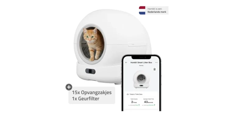 Witte Hombli slimme kattenbak met kat in de opening en smartphone met app