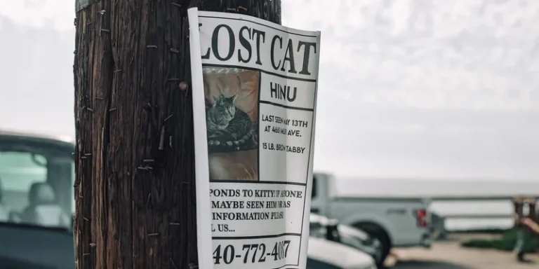 Vermiste-kat-poster met foto hangt op een houten paal