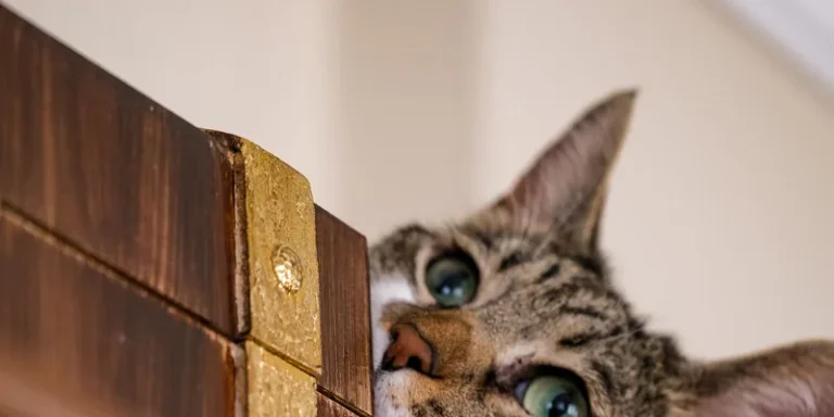 Kat kijkt van bovenaf over de houten rand van een kast