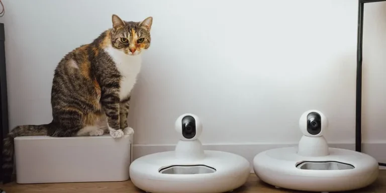 Kat zit naast twee slimme voerautomaten met camera op een houten vloer