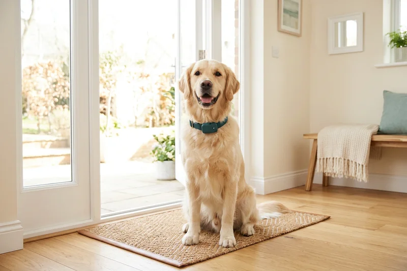 Golden retriever met teal halsband en GPS-tracker zit bij de open tuindeur