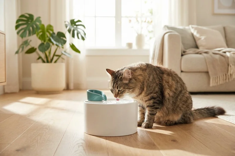 Kat drinkt uit een witte drinkfontein in een lichte woonkamer
